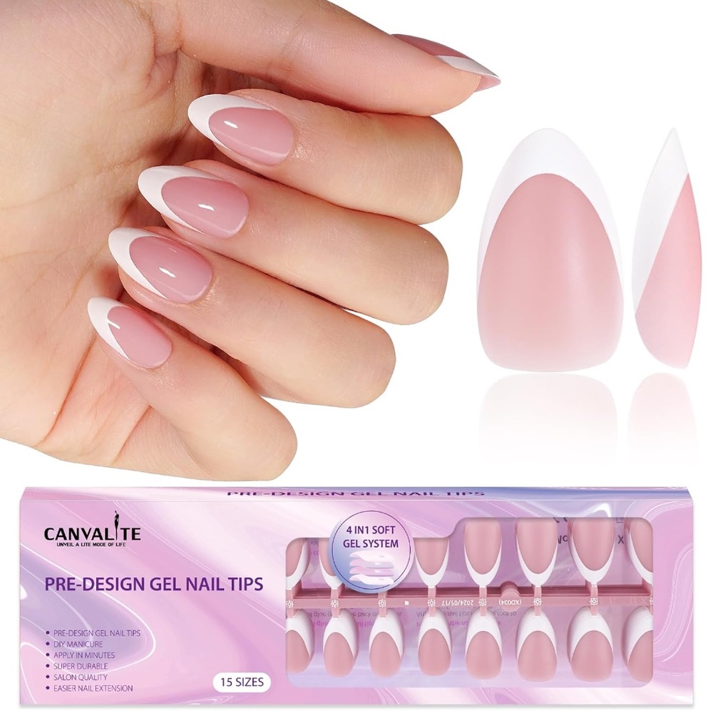 French Tip Pink And White Short Almond Press On Nails